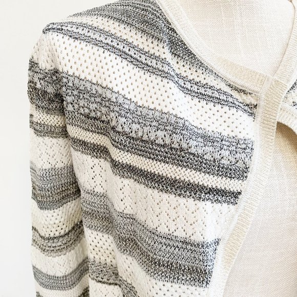 WHBM Knit Striped Open Front Cardigan with Gold Fringe | Coastal Grandmother - Picture 7 of 13